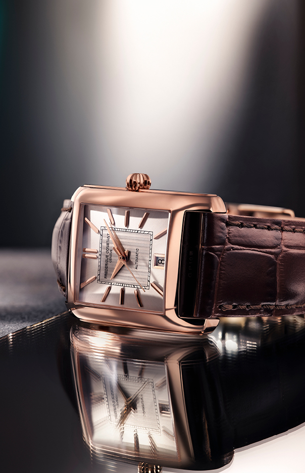 Classics Carrée Automatic watch for man. Automatic movement, silver dial, rose-gold plated case, date window and brown leather strap  