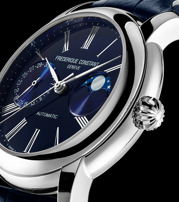 Classicss Moonphase Manufacture watch for man. Automatic movement, blue dial, stainless-steel case, date counter, moonphase and blue leather strap 