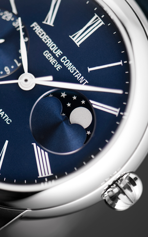 Classic Moonphase Manufacture watch for man. Automatic movement, blue dial, stainless-steel case, date counter, moonphase and blue leather strap 