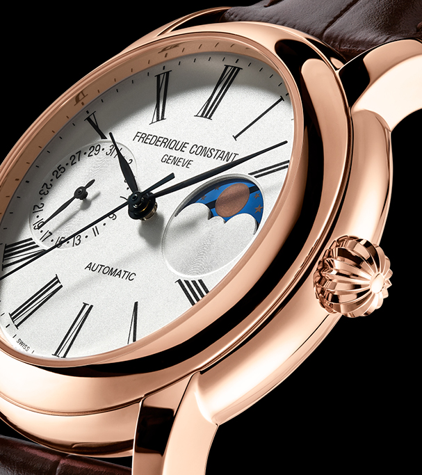 Classic Moonphase Manufacture watch for man. Automatic movement, white dial, rose-gold plated case, date counter, moonphase and brown leather strap 