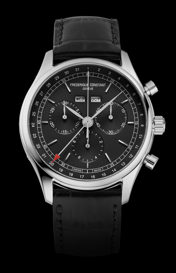 Classics Quartz Chronograph Triple Clalendar Watch for men. Quartz movement,  dark grey dial, stainless-steel case, chronograph and black leather strap 
