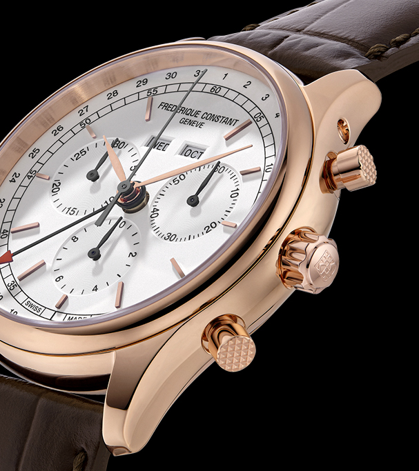 Classics Quartz Chronograph Triple Clalendar Watch for men. Quartz movement, silver white dial, rose gold-plated  stainless-steel case, chronograph and brown leather strap 