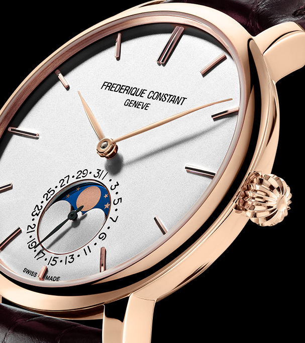 Constant Slimline Moonphase Manufacture watch for man.   Automatic movement, white dial, rose-gold plated case, date counter, moonphase and brown leather strap 