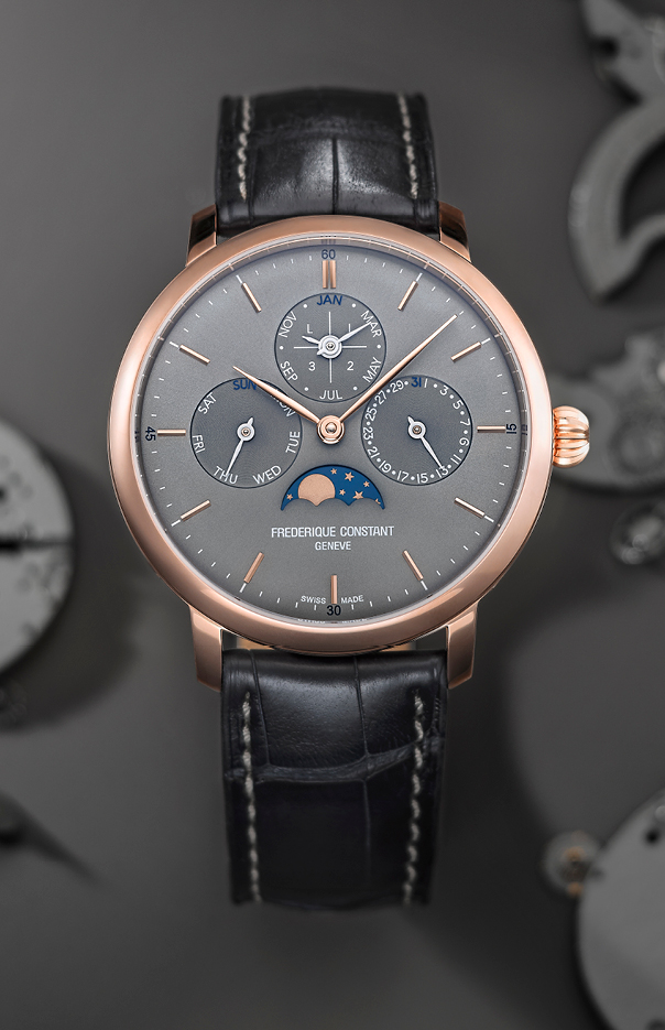 Slimline Perpetual Calendar Manufacture watch for man.   Automatic movement, grey dial, rose-gold plated case, date, day and month counters, moonphase and blue leather strap 
