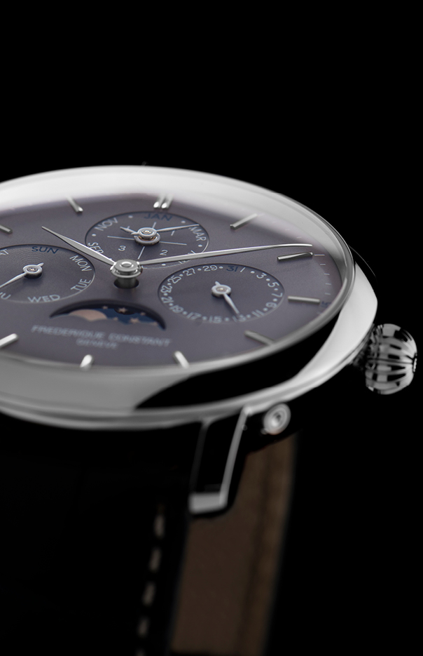 Slimline Perpetual Calendar Manufacture watch for man. Automatic movement, grey dial, stainless-steel case, date, day and month counters, moonphase and blue leather strap
