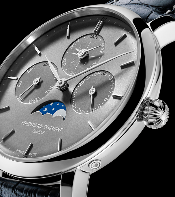 Slimline Perpetual Calendar Manufacture watch for man.   Automatic movement, grey dial, stainless-steel case, date, day and month counters, moonphase and blue leather strap 