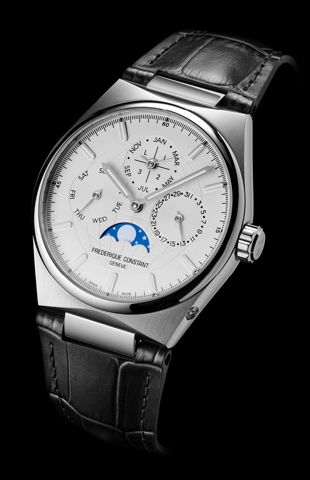 Highlife Perpetual Calendar Manufacture watch for man.   Automatic movement, silver dial, stainless-steel case, date, month and day counters, moonphase and black leather integrated and interchangeable strap 