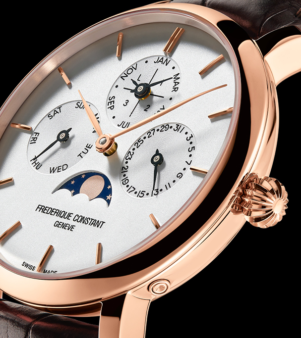 Slimline Perpetual Calendar Manufacture watch for man.   Automatic movement, white dial, rose-gold plated case, date, day and month counters, moonphase and brown leather strap 