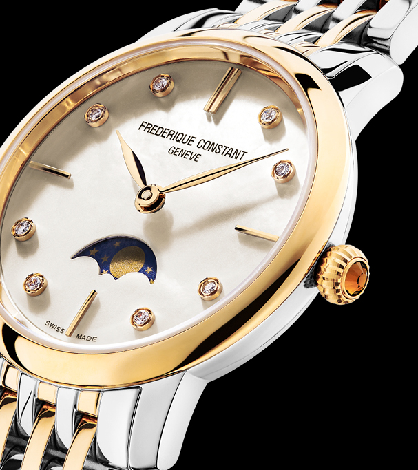 Slimline Ladies Moonphase watch for woman. Quartz movement, white mother of pearl dial with 8 diamonds, stainless-steel and yellow gold plated bicolor case, moonphase and stainless-steel and yellow gold plated bicolor bracelet 