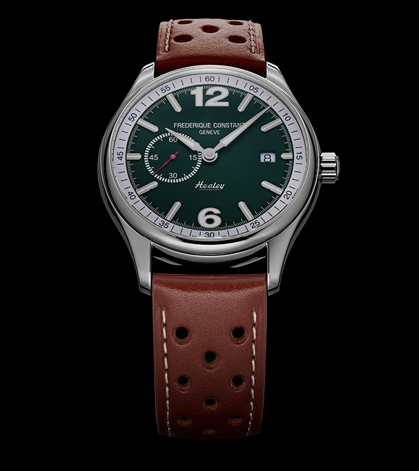 Vintage Rally Healey Automatic Small Seconds watch for man.   Automatic movement, green dial, stainless-steel case, date window, seconds counter and brown leather strap 