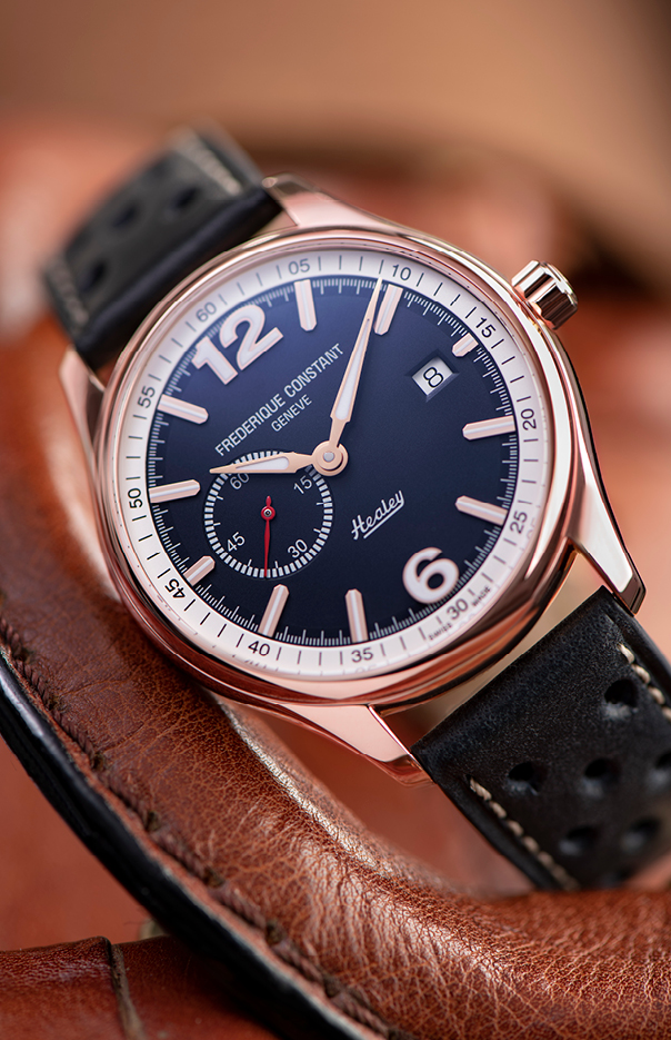 Vintage Rally Healey Automatic Small Seconds watch for man.   Automatic movement, blue dial, rose-gold plated case, date window, seconds counter and blue leather strap 