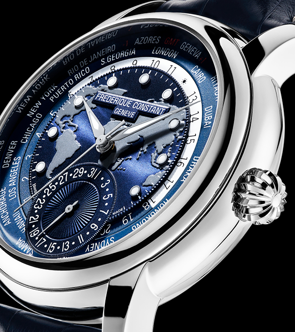 Worldtimer Manufacture watch for man. Automatic movement, blue dial, stainless-steel case, date counter, worldtimer and blue leather strap 