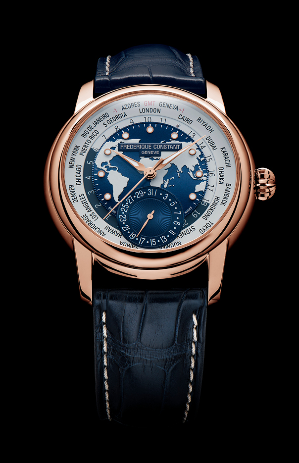 Classicss Worldtimer Manufacture watch for man. Automatic movement, grey and blue dial, 18K rose-gold case, date counter, worldtimer and blue leather strap. Limited Edition watch 