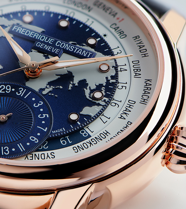 Classicss Worldtimer Manufacture watch for man. Automatic movement, grey and blue dial, 18K rose-gold case, date counter, worldtimer and blue leather strap. Limited Edition watch 