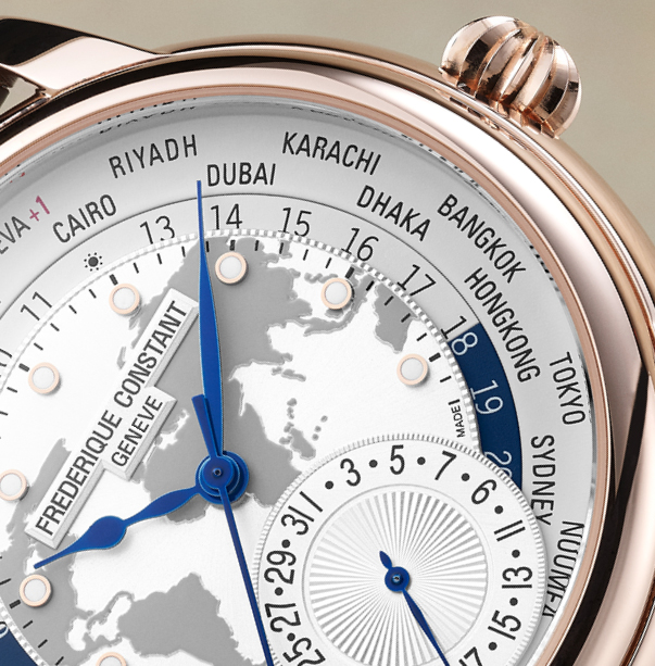 Worldtimer Manufacture watch for man. Automatic movement, white dial, rose-gold plated case, date counter, worldtimer and brown leather strap 