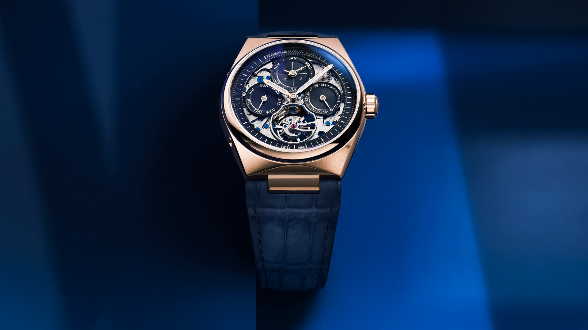 Highlife Tourbillon Perpetual Calendar Manufacture watch for man. Automatic movement, skeleton dial, 18K rose-gold case, date, month and day counters, tourbillon and blue leather integrated and interchangeable strap 