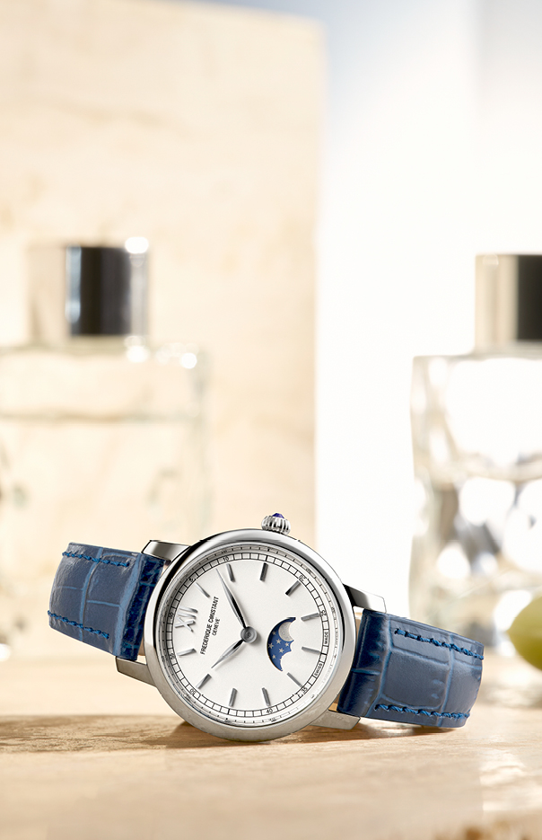 Slimline Ladies Moonphase watch for woman. Quartz movement, white dial, stainless-steel case, moonphase and stainless-steel bracelet 