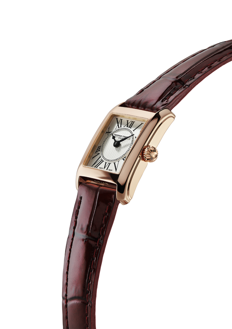 Classics Carrée Ladies watch for woman. Quartz movement, white dial, rose-gold plated case and red burgundy leather strap