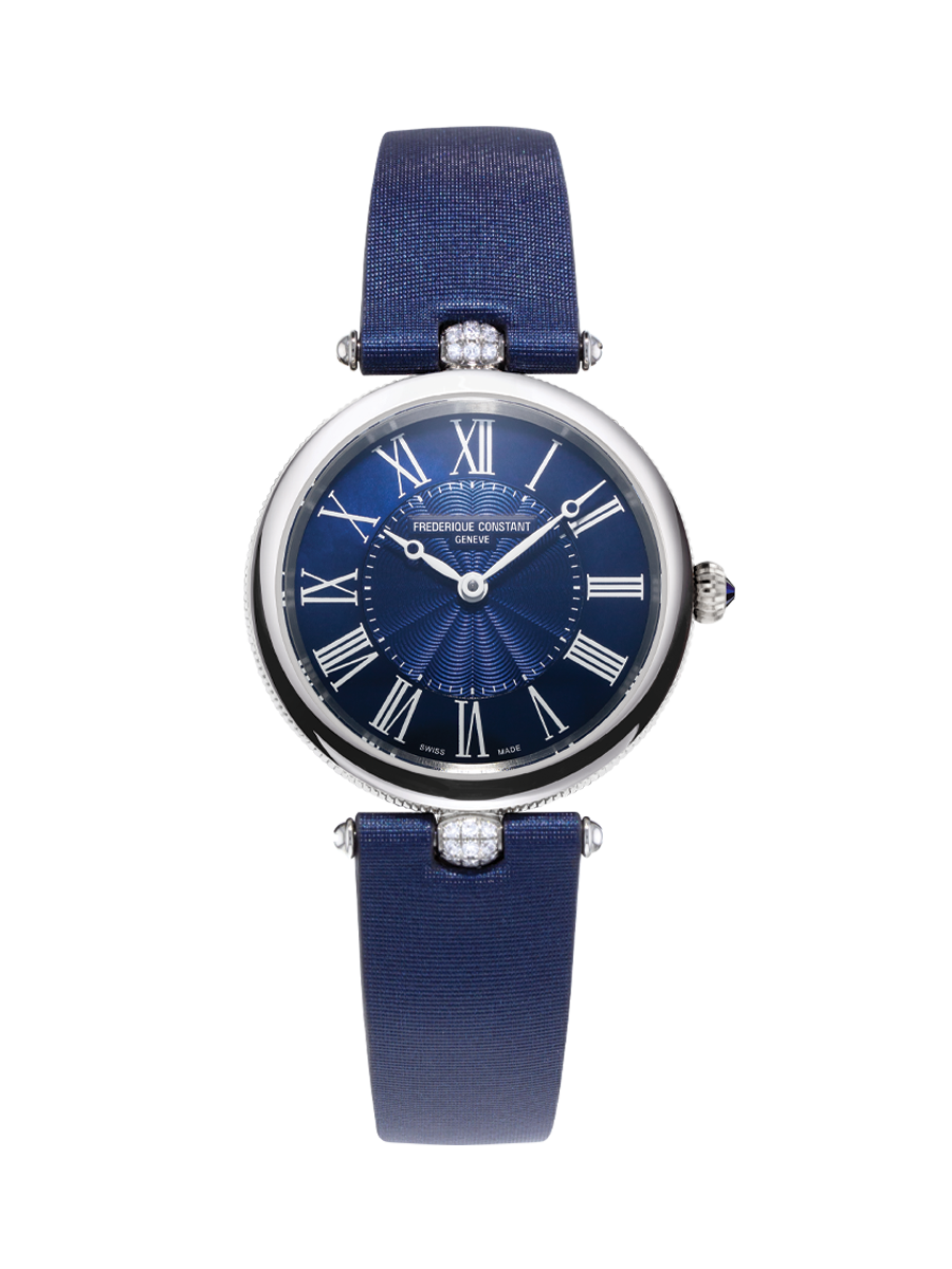 Classic Art Déco Round watch for woman. Quartz movement, blue mother of pearl dial, stainless-steel case and blue satin strap 