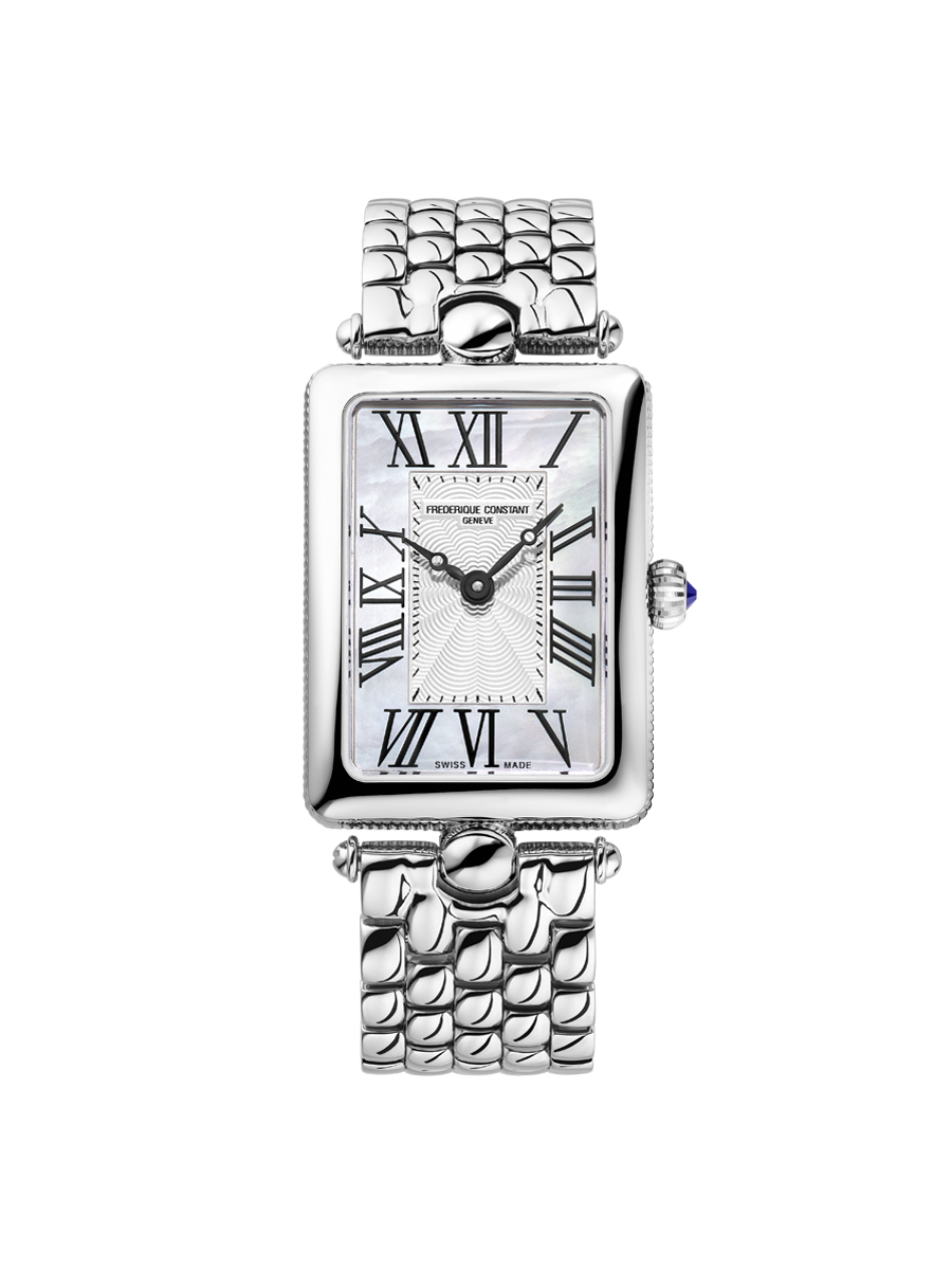 Classics Art Déco Carrée Watch for woman. Quartz movement, white mother of pearl dial, stainless-steel case and stainless-steel bracelet