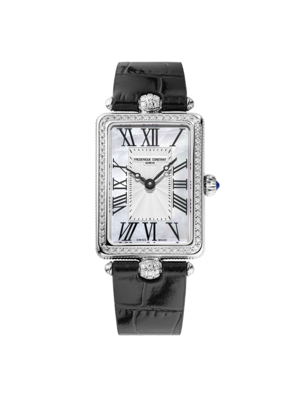 Classics Art Déco Carrée Watch for woman. Quartz movement, white mother of pearl dial, stainless-steel case and black leather strap