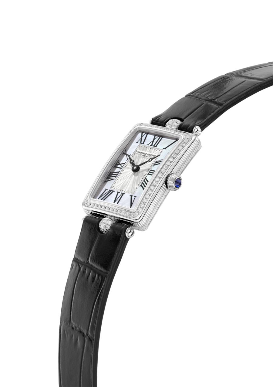 Classics Art Déco Carrée Watch for woman. Quartz movement, white mother of pearl dial, stainless-steel case and black leather strap