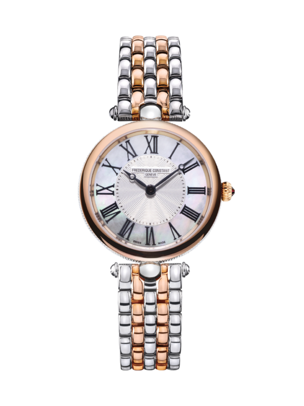 Classic Art Déco Round watch for woman. Quartz movement, white mother of pearl dial, stainless-steel and rose-gold plated bicolor case and stainless-steel and rose-gold plated bicolor bracelet