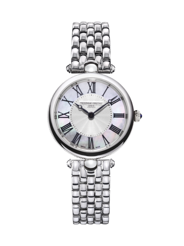Classic Art Déco Round watch for woman. Quartz movement, white mother of pearl dial, stainless-steel case and stainless-steel bracelet