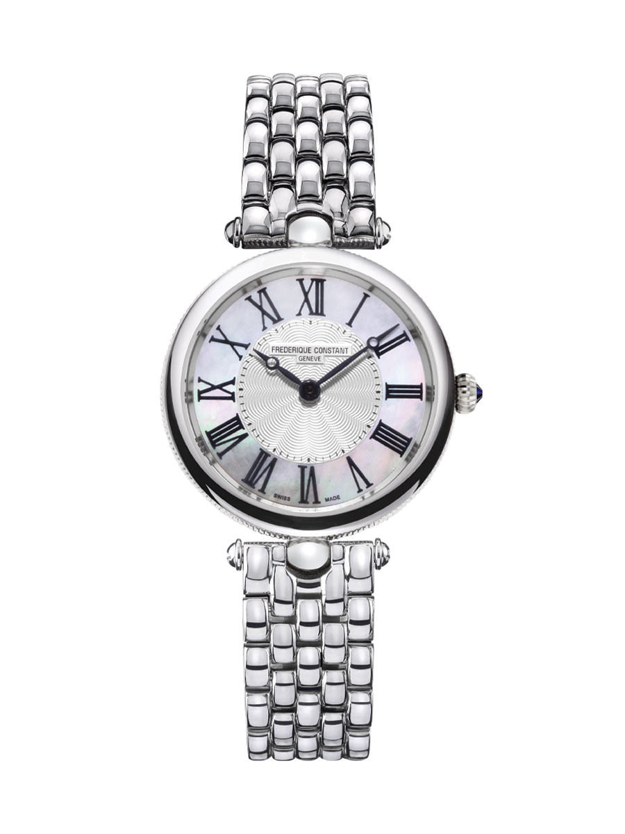 Classic Art Déco Round watch for woman. Quartz movement, white mother of pearl dial, stainless-steel case and stainless-steel bracelet 