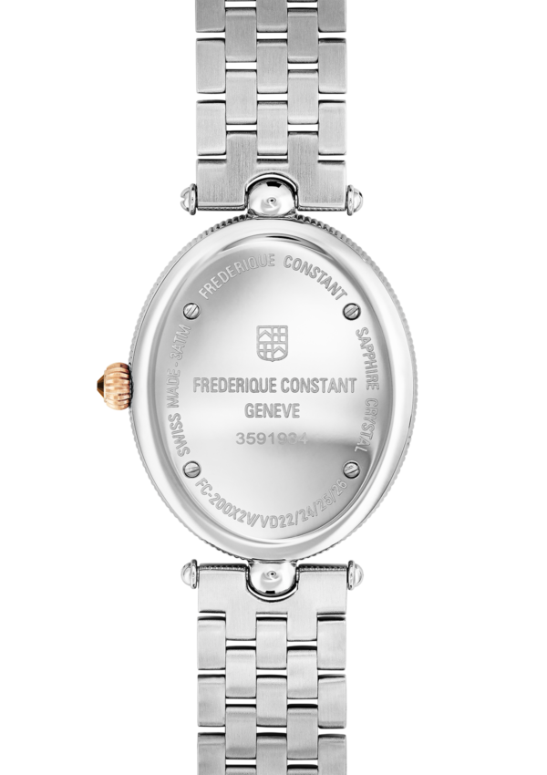 Classic Art Déco Oval watch for woman.   Quartz movement, white mother of pearl dial, stainless-steel and rose-gold plated bicolor case and stainless-steel and rose-gold plated bicolor bracelet