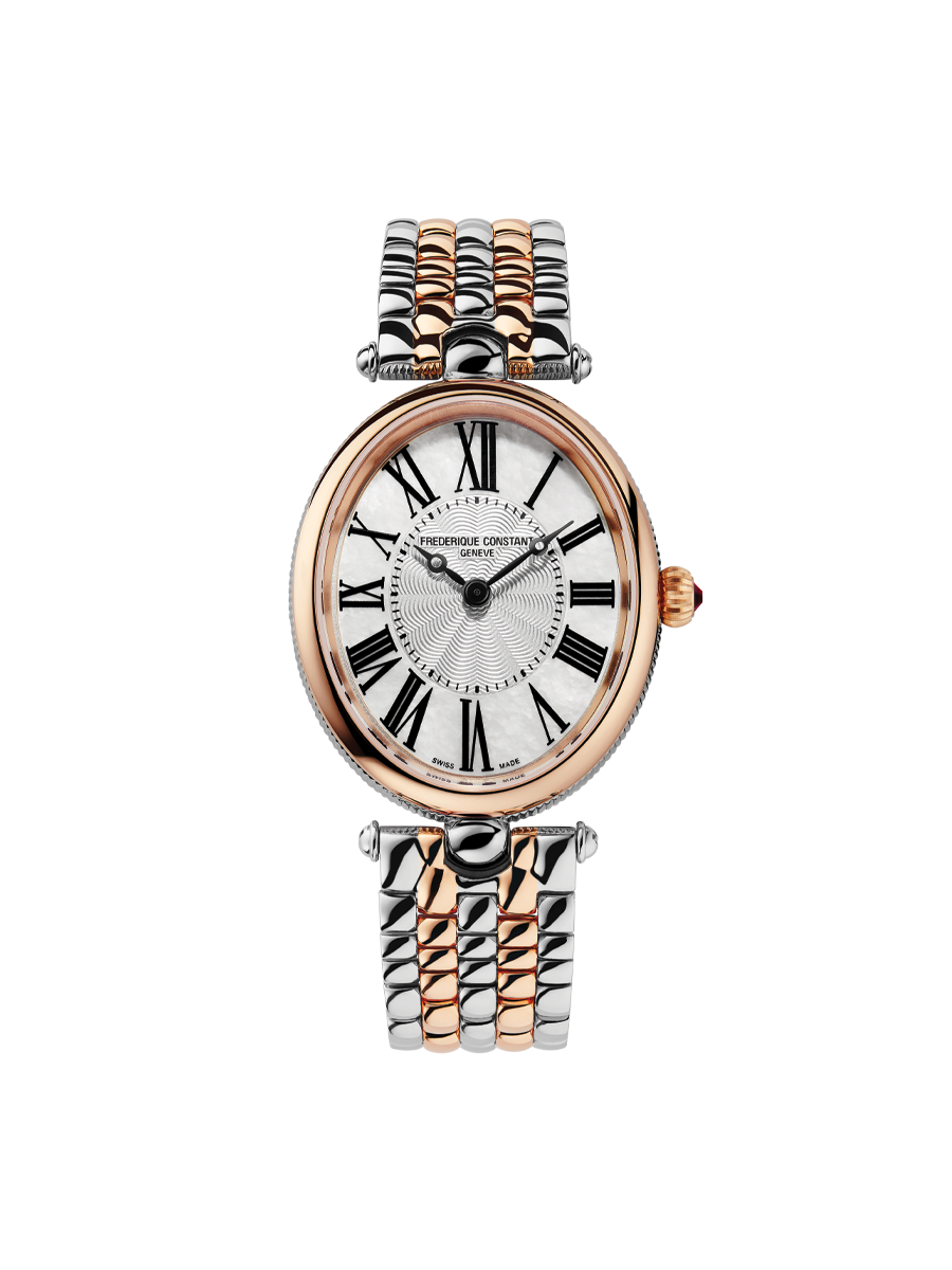 Classic Art Déco Oval watch for woman.   Quartz movement, white mother of pearl dial, stainless-steel and rose-gold plated bicolor case and stainless-steel and rose-gold plated bicolor bracelet 