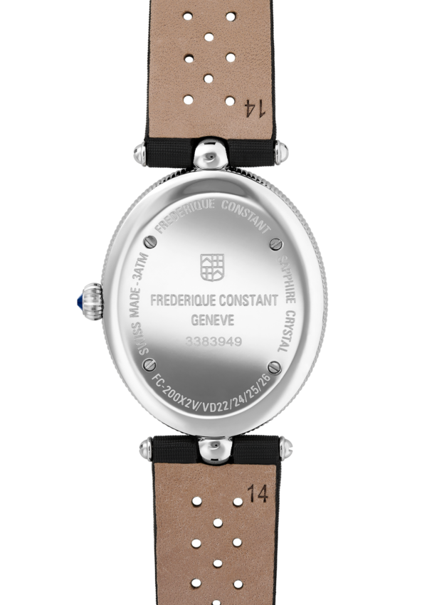 Classic Art Déco Oval watch for woman. Quartz movement, white mother of pearl dial, stainless-steel case and black satin strap