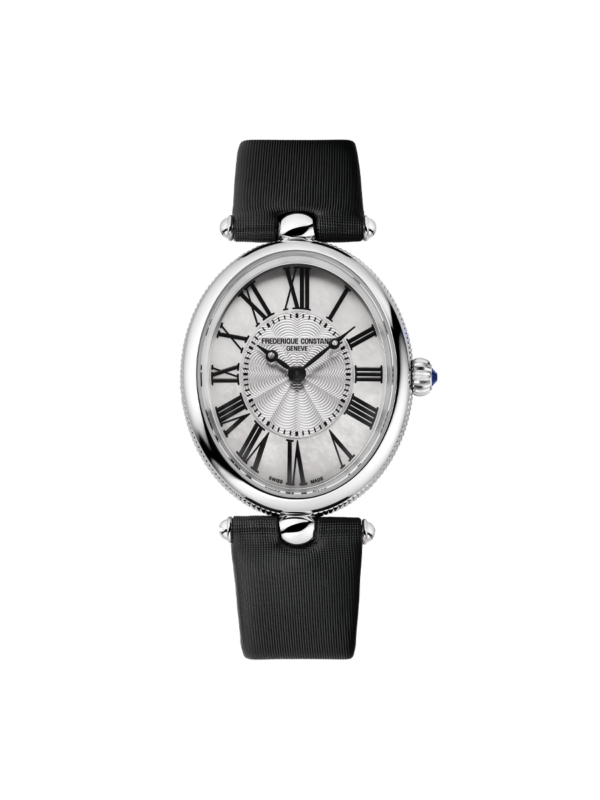 Classic Art Déco Oval watch for woman. Quartz movement, white mother of pearl dial, stainless-steel case and black satin strap