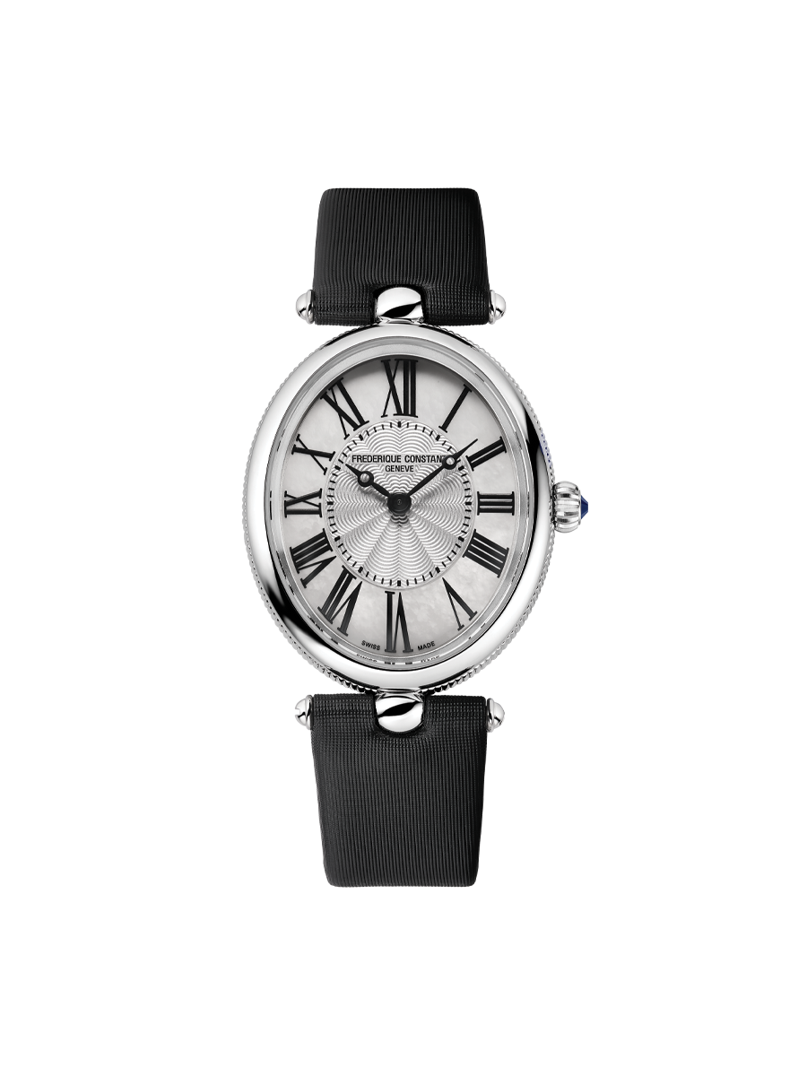 Classic Art Déco Oval watch for woman. Quartz movement, white mother of pearl dial, stainless-steel case and black satin strap 