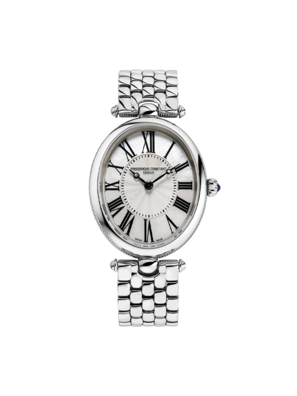 Classic Art Déco Oval watch for woman.  Quartz movement, white mother of pearl dial, stainless-steel case and silver bracelet