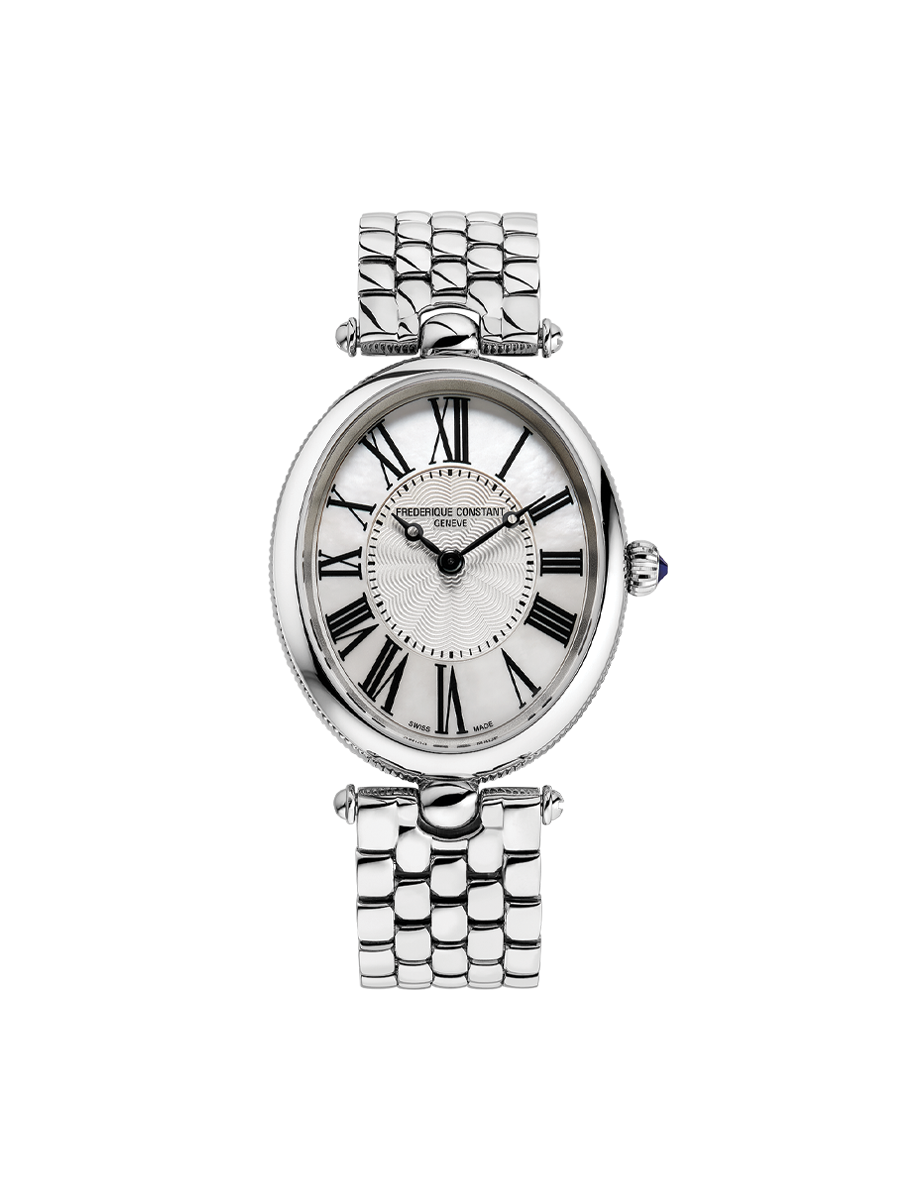 Classic Art Déco Oval watch for woman.  Quartz movement, white mother of pearl dial, stainless-steel case and silver bracelet 