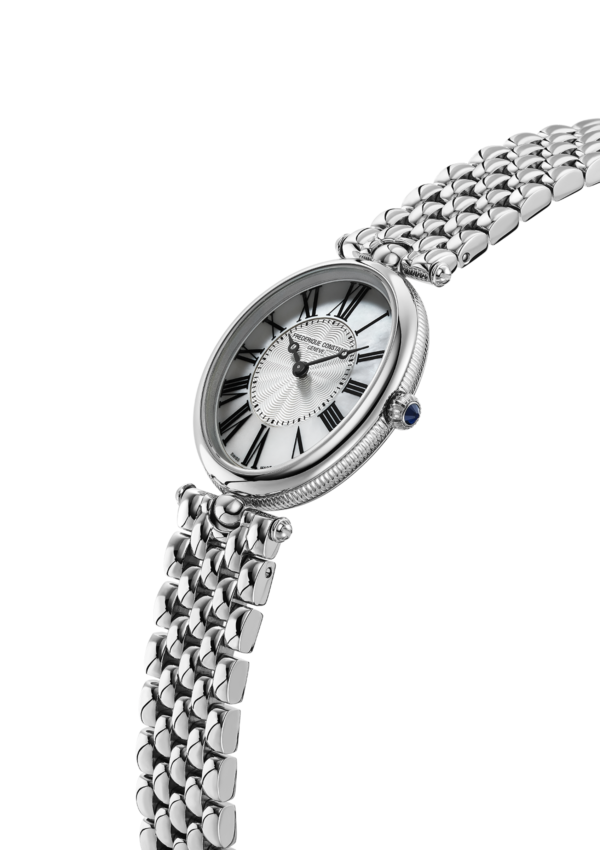 Classic Art Déco Oval watch for woman.  Quartz movement, white mother of pearl dial, stainless-steel case and silver bracelet