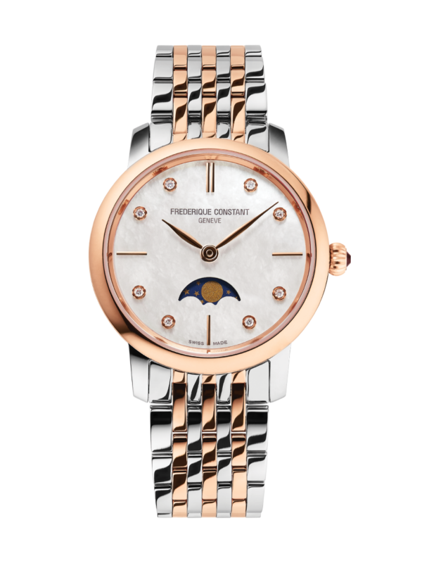 Slimline Ladies Moonphase watch for woman. Quartz movement, white mother of pearl dial with 8 diamonds, stainless-steel and yellow rose-plated bicolor case, moonphase and stainless-steel and rose-gold plated bicolor bracelet