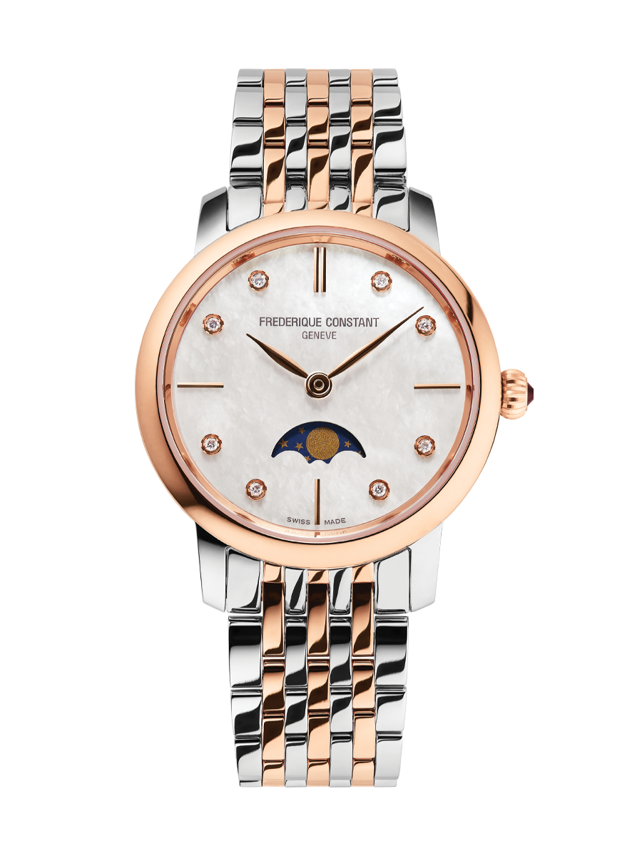 Slimline Ladies Moonphase watch for woman. Quartz movement, white mother of pearl dial with 8 diamonds, stainless-steel and yellow rose-plated bicolor case, moonphase and stainless-steel and rose-gold plated bicolor bracelet 