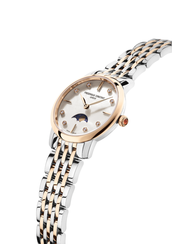 Slimline Ladies Moonphase watch for woman. Quartz movement, white mother of pearl dial with 8 diamonds, stainless-steel and yellow rose-plated bicolor case, moonphase and stainless-steel and rose-gold plated bicolor bracelet