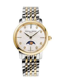 Slimline Ladies Moonphase watch for woman. Quartz movement, white mother of pearl dial with 8 diamonds, stainless-steel and yellow gold plated bicolor case, moonphase and stainless-steel and yellow gold plated bicolor bracelet