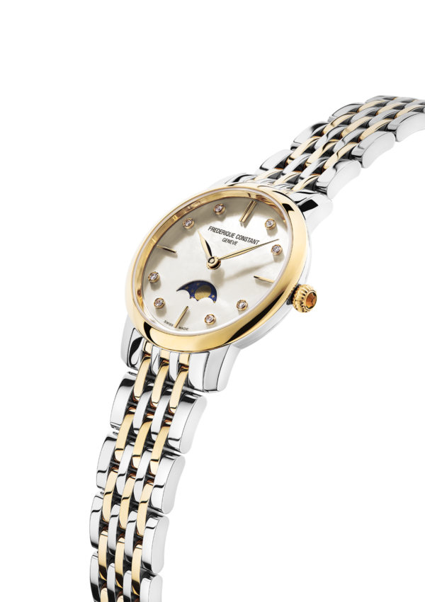 Slimline Ladies Moonphase watch for woman. Quartz movement, white mother of pearl dial with 8 diamonds, stainless-steel and yellow gold plated bicolor case, moonphase and stainless-steel and yellow gold plated bicolor bracelet