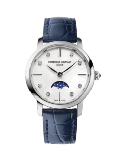 Slimline Ladies Moonphase watch for woman. Quartz movement, white mother of pearl dial with 8 diamonds, stainless-steel case, moonphase and blue leather strap