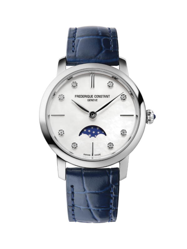 Slimline Ladies Moonphase watch for woman. Quartz movement, white mother of pearl dial with 8 diamonds, stainless-steel case, moonphase and blue leather strap