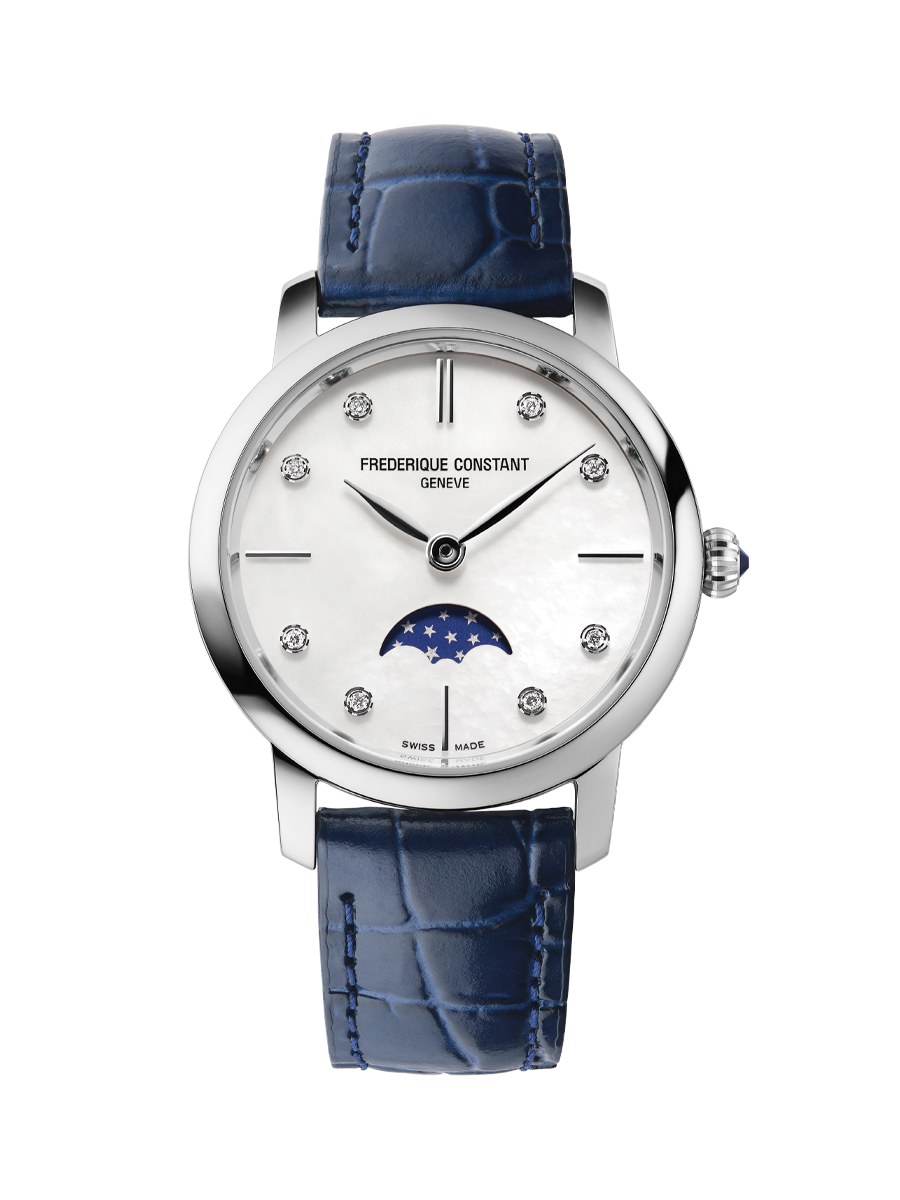 Slimline Ladies Moonphase watch for woman. Quartz movement, white mother of pearl dial with 8 diamonds, stainless-steel case, moonphase and blue leather strap 