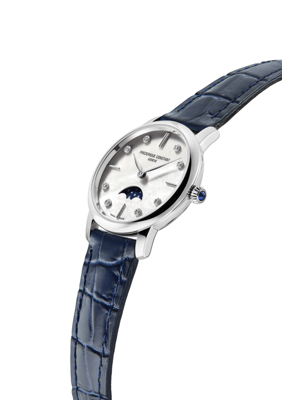 Slimline Ladies Moonphase watch for woman. Quartz movement, white mother of pearl dial with 8 diamonds, stainless-steel case, moonphase and blue leather strap