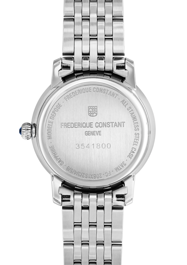 Slimline Ladies Moonphase watch for woman. Quartz movement, white mother of pearl dial with 8 diamonds, stainless-steel case, moonphase and stainless-steel bracelet