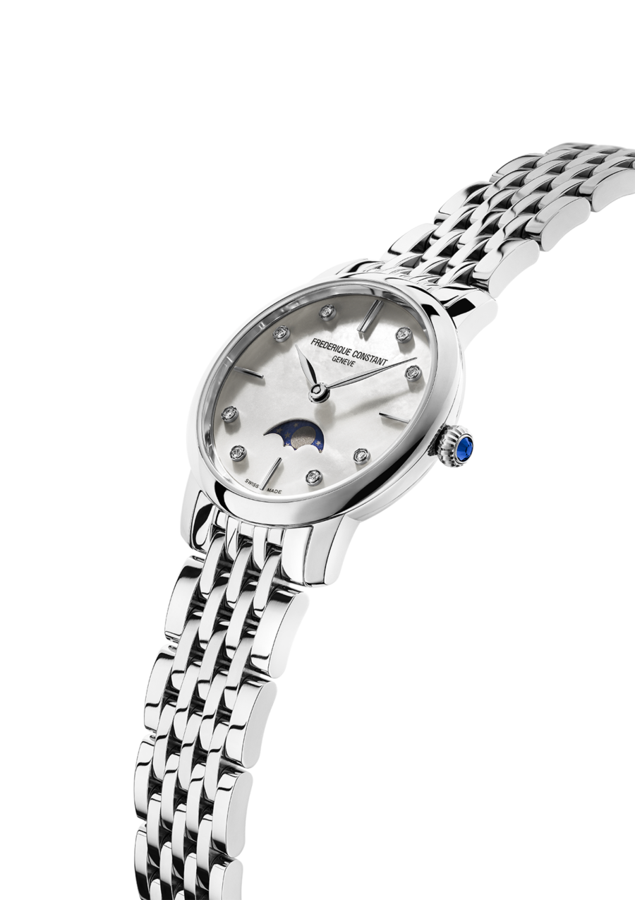 Slimline Ladies Moonphase watch for woman. Quartz movement, white mother of pearl dial with 8 diamonds, stainless-steel case, moonphase and stainless-steel bracelet