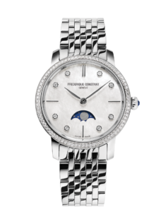  Slimline Ladies Moonphase watch for woman. Quartz movement, white mother of pearl dial with 8 diamonds, stainless-steel case with 68 diamonds, moonphase and stainless-steel bracelet