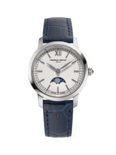 Slimline Ladies Moonphase watch for woman. Quartz movement, white dial, stainless-steel case, moonphase and stainless-steel bracelet
